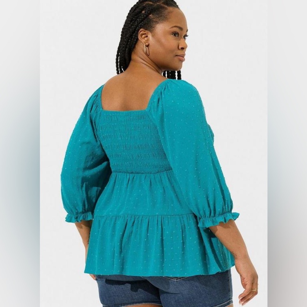 Torrid Crinkle Gauze Smocked 3/4 Blouson Tiered Top milkmaid babydoll ruffle - Picture 5 of 12